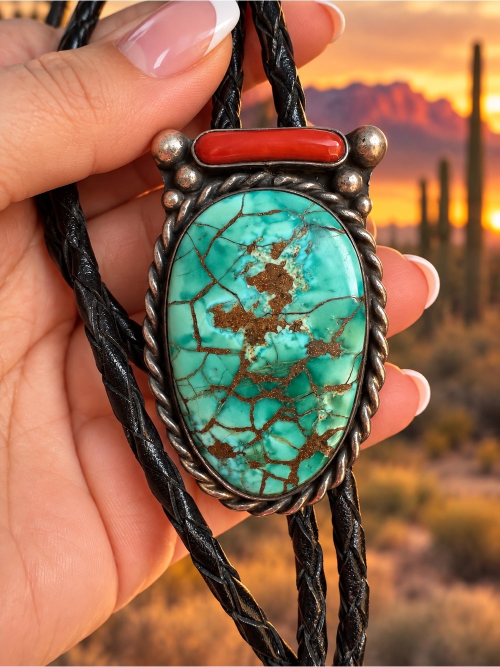 STUNNING Authentic Turquoise and Coral Sterling Bolo Tie - Western Women Jewelry